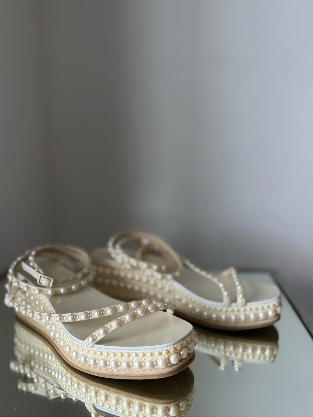 Jimmy Choo Drive Pearl-embellished Leather Espadrille Wedge Sandals  $1,525 39.5